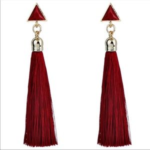 Triangular Wine Red & Gold Tassel Earrings